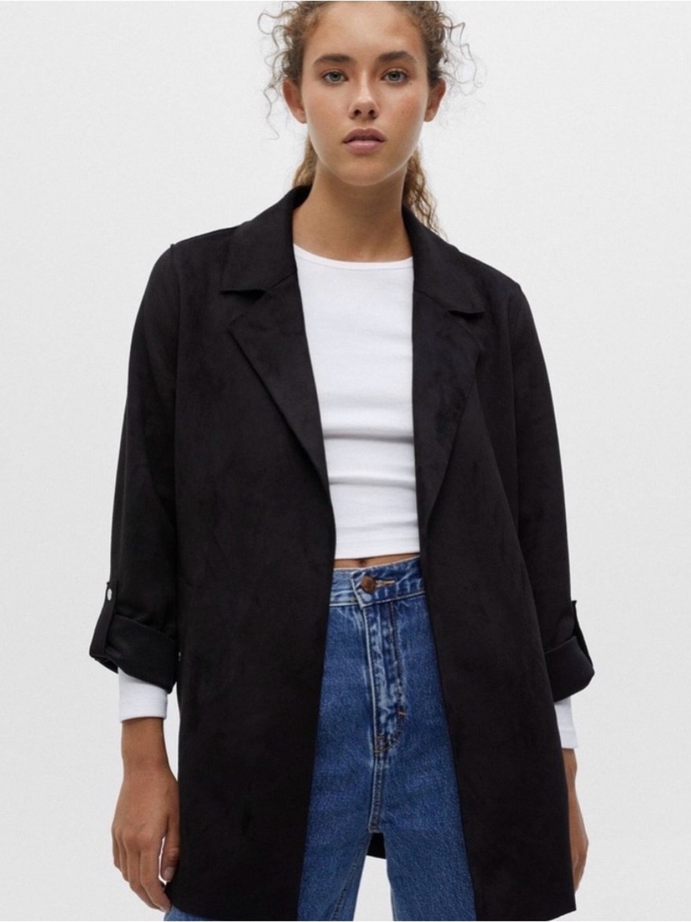 Pull&Bear Suede Black Open-Front Women's Blazer